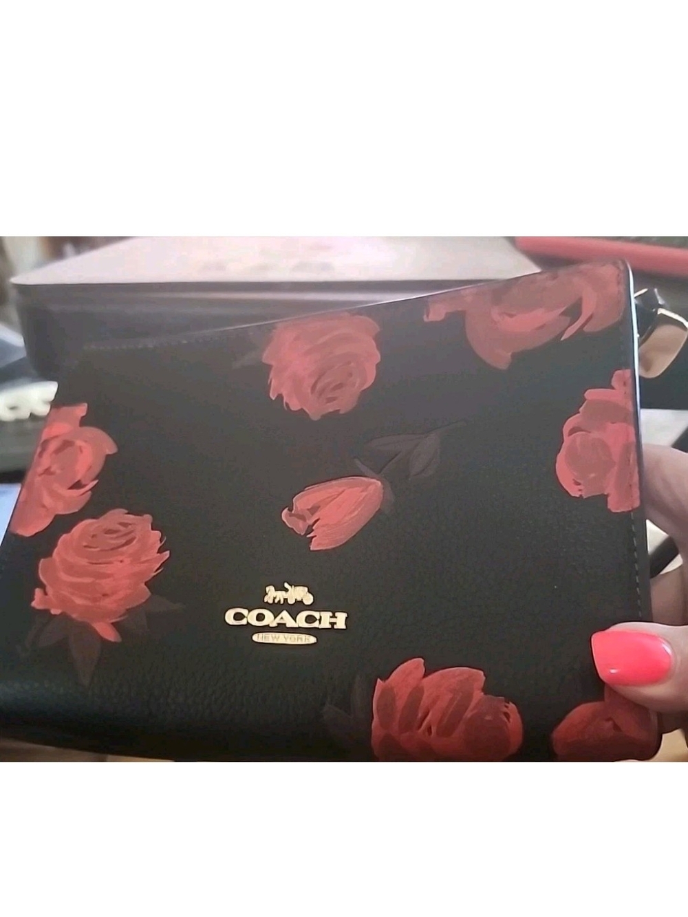 Coach Black Crossbody Thin Bag with Red Rose Print